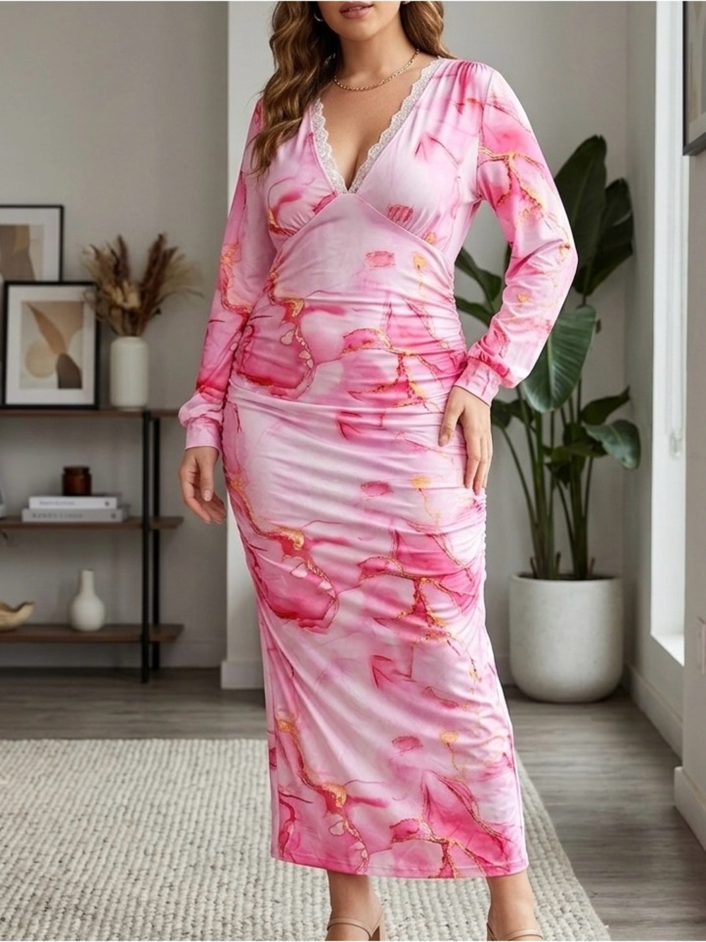 Fashion Nova Pink Marble Long Sleeve Maxi Dress